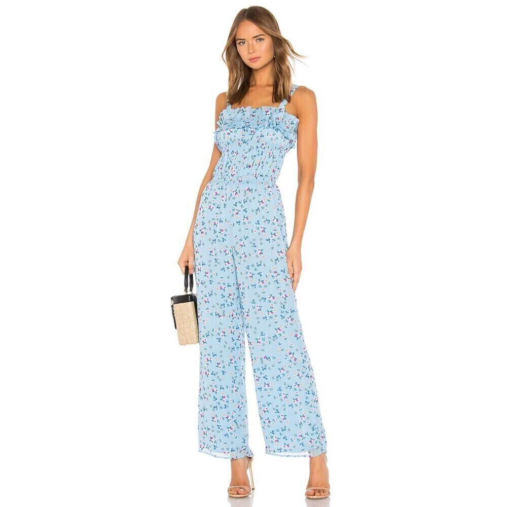 Tularosa Ellie Jumpsuit in Carolina Blue Floral Size Small Smocked Ruffle